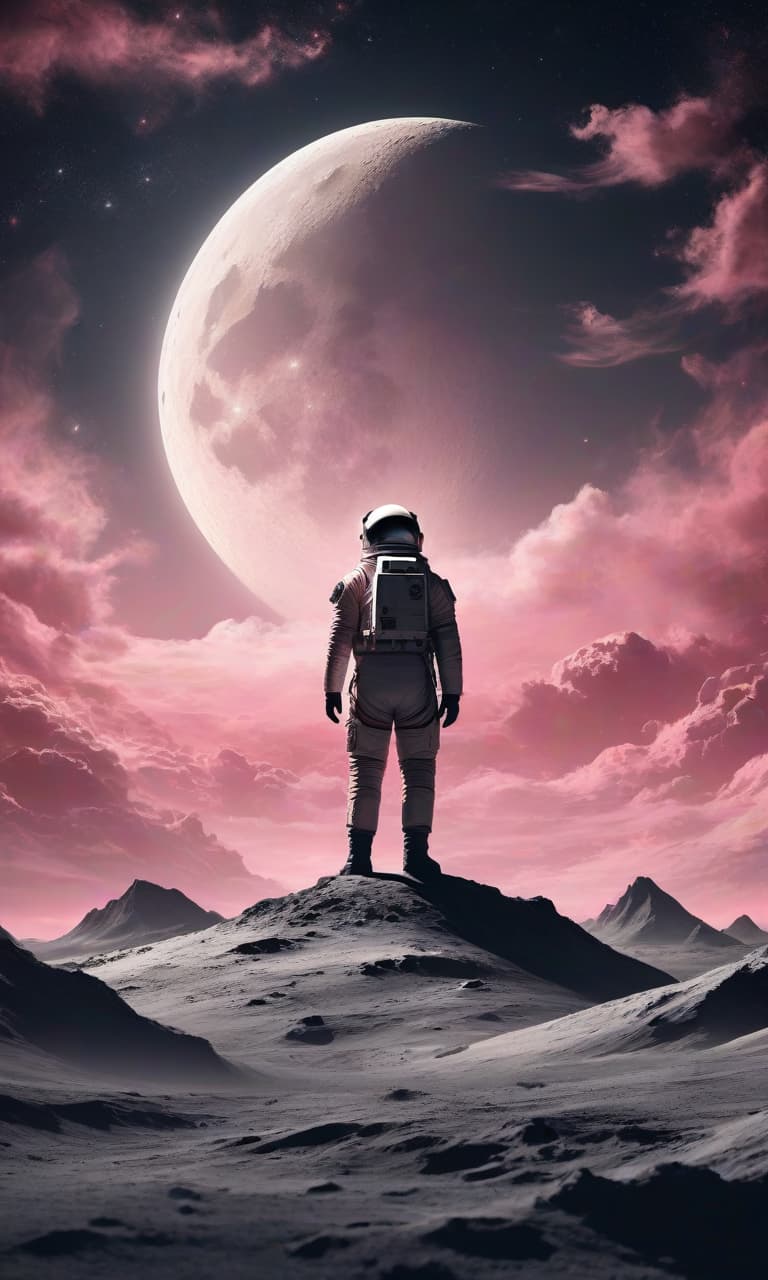  concept art color pink, white, black, gold night sky there's a man standing on the moon . digital artwork, illustrative, painterly, matte painting, highly detailed, perfect hands