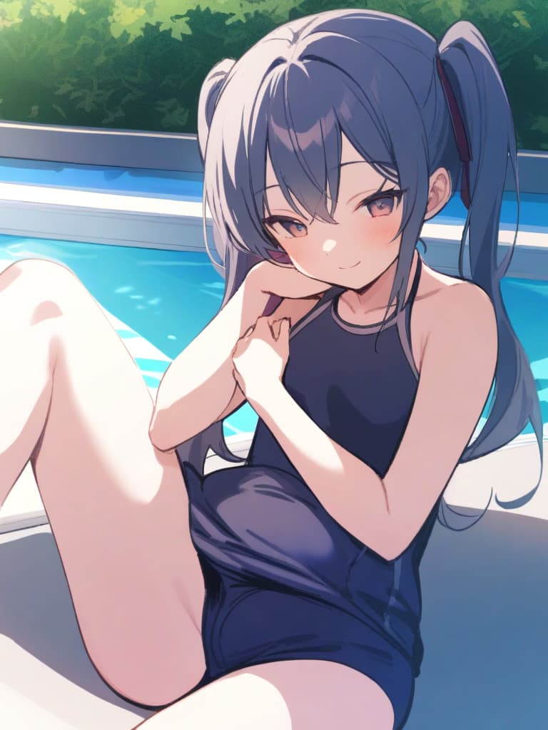  women's elementary students (male), twin tails, cute smiles, (rich s), low stature, dark blue swimwear, old swimwear, , simple (upward), male , (bulge), shaped clear , front , whole body, pool side,