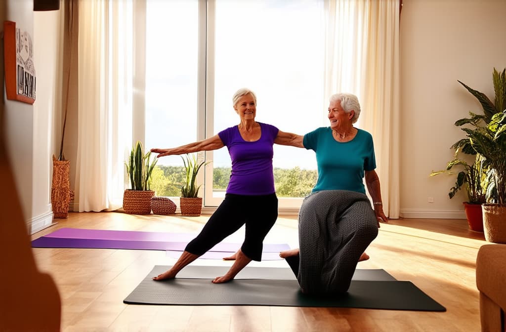  a senior couple doing yoga together in a bright, airy living room, with mats laid out and a large window letting in sunlight. ar 3:2 {prompt}, maximum details