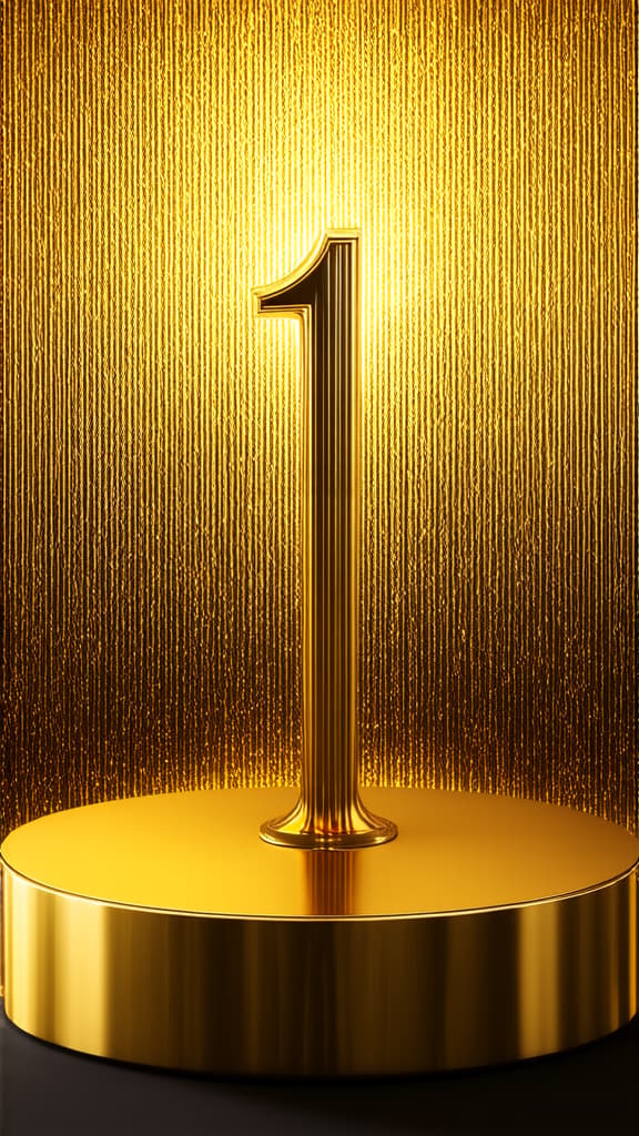  professional detailed photography, " 1" на metallic gold podium on a glowing gold background ar 9:16, (muted colors, dim colors, soothing tones), (vsco:0.3)