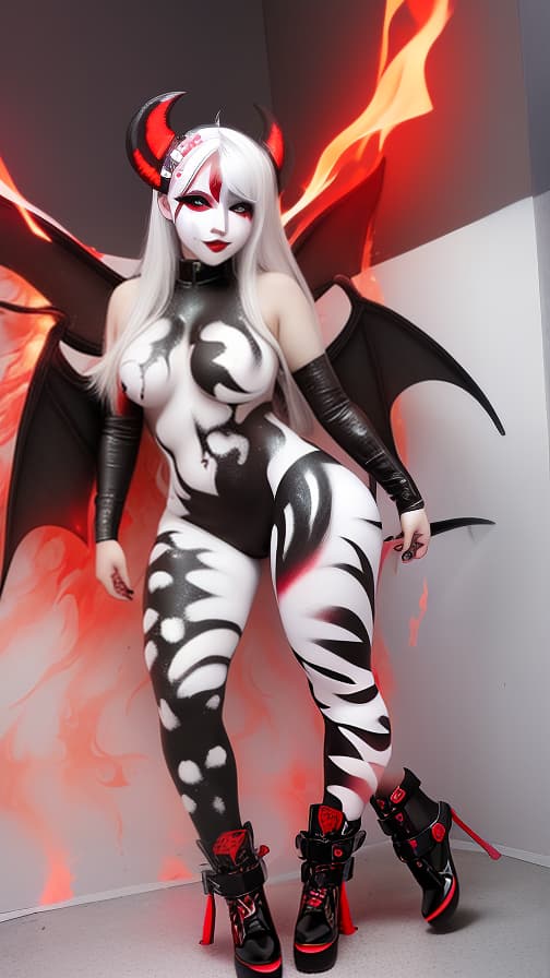  White and red flame pattern body paint in every corner of the whole body, Black body paint full body, grey face paint on the face, two succubus, full body image 女性