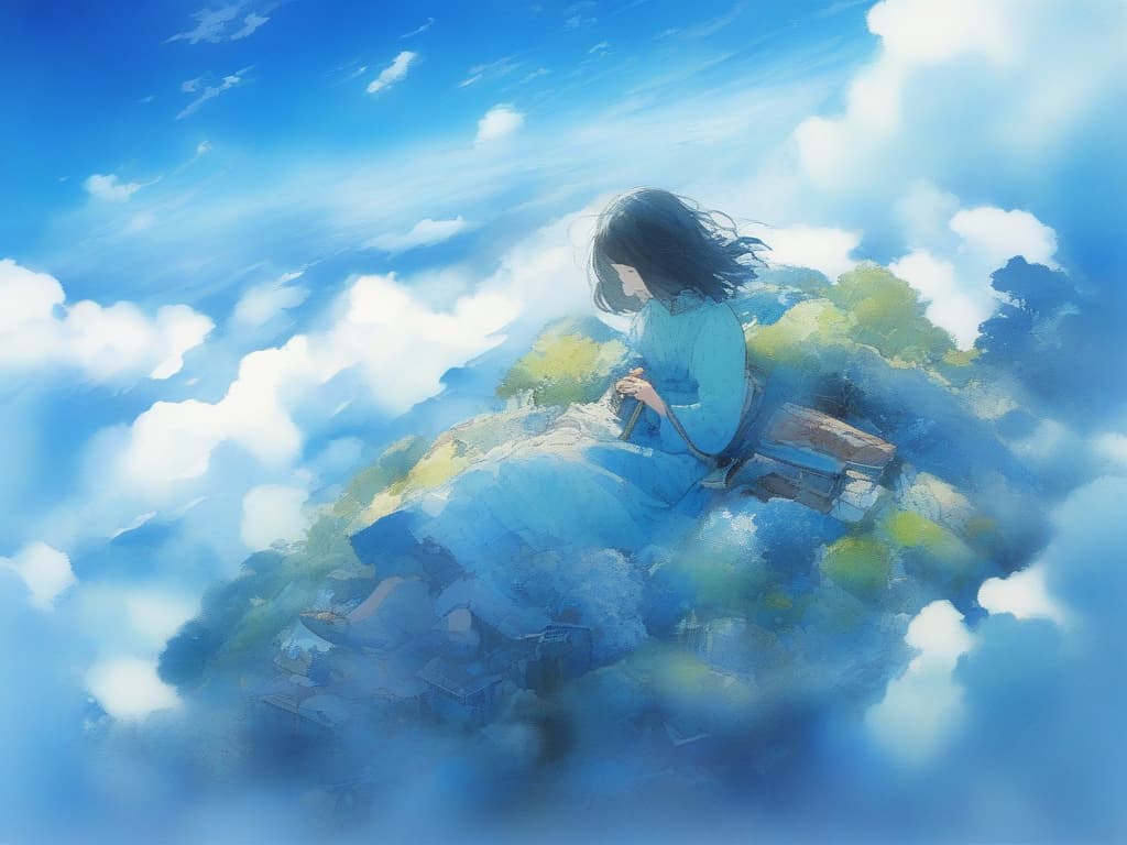  blue sky, wind, one girl, sleeping, nohara, hara, green