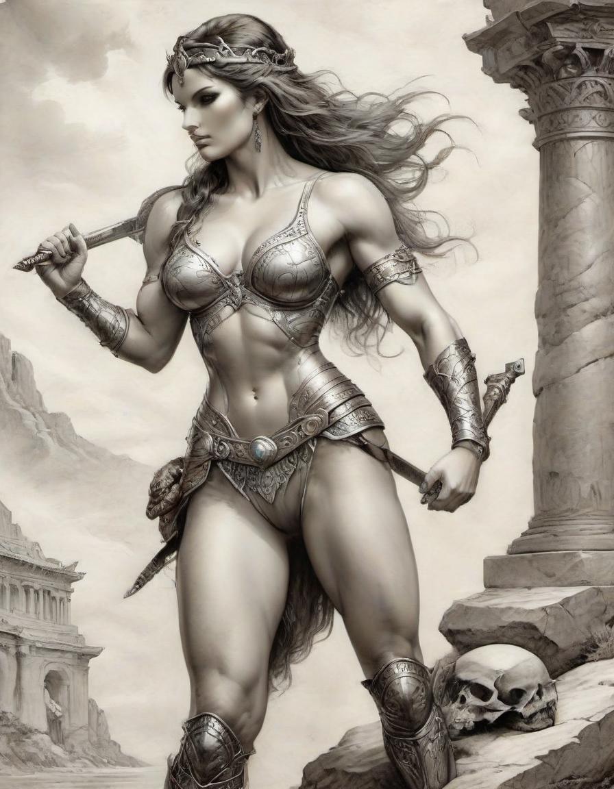  hyperrealistic art picture, professional, realistic drawing in the style of boris vallejo, julia bell, masterpiece, work of art; athletic, sitting on a stone ancient greek amazon in armor, muscular abdominal press, gracefully curved back, convex, elastic buttocks, muscular shins. mysticism, fantasy, the background is stylized as art nouveau, atmospheric, filigree, ideal detailing of the image, the highest quality, many details, fine drawing, attention to detail. professional drawing in the style of boris vallejo, julia bell, masterpiece, work of art . extremely high resolution details, photographic, realism pushed to extreme, fine texture, incredibly lifelike, on parchment, oil painting