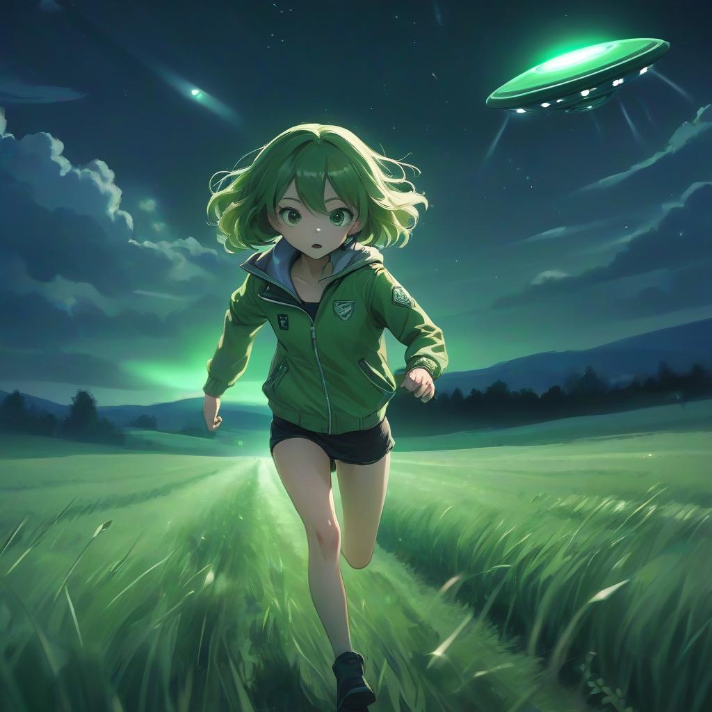  anime girl in a green jacket in a field runs from a ufo, countryside, bright light, green tones, night