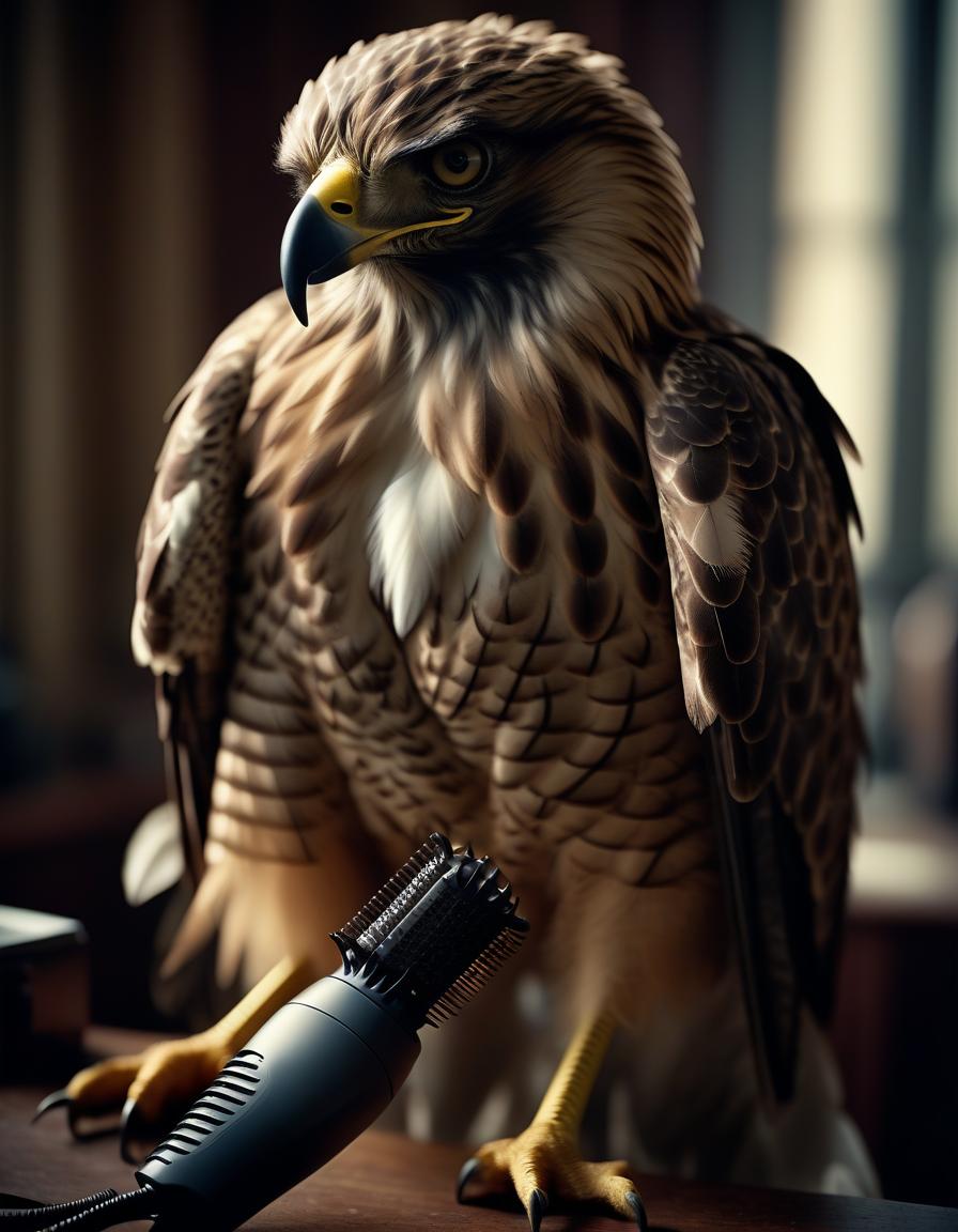  cinematic film still young hawk in the form of a man combs, dries feathers with a hairdryer . shallow depth of field, vignette, highly detailed, high budget, bokeh, cinemascope, moody, epic, gorgeous, film grain, grainy