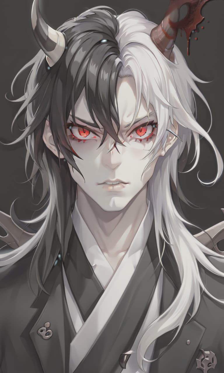  man demon, white skin, blood red eyes, black hair, white horns, black clothes, sticker