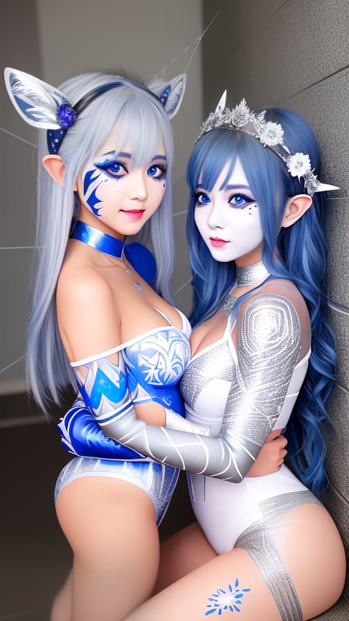  Blue and silver Spider-patterned body paint in every corner of the whole body, full-body, White body paint,Silver face paint on the face,Two Dark elfs 女の子