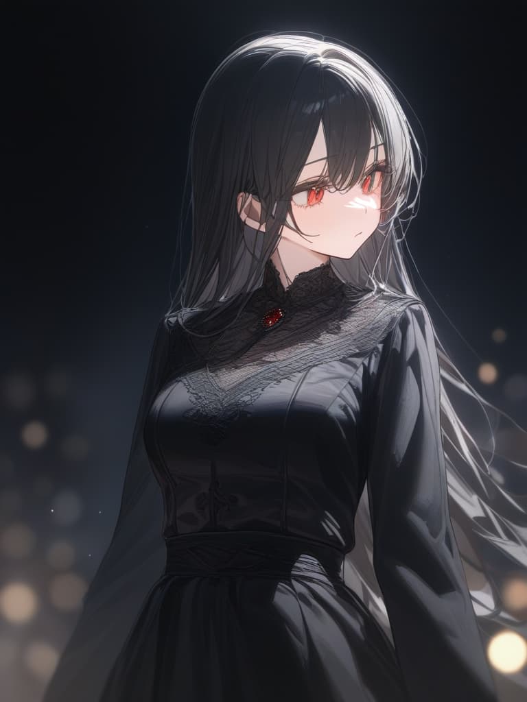  girls, thin body, black hair, red eyes, young face, black lace, dark background, mourning clothes, black gloves, long hair, hat, masterpiece, best quality,8k,ultra detailed,high resolution,an extremely delicate and beautiful,hyper detail