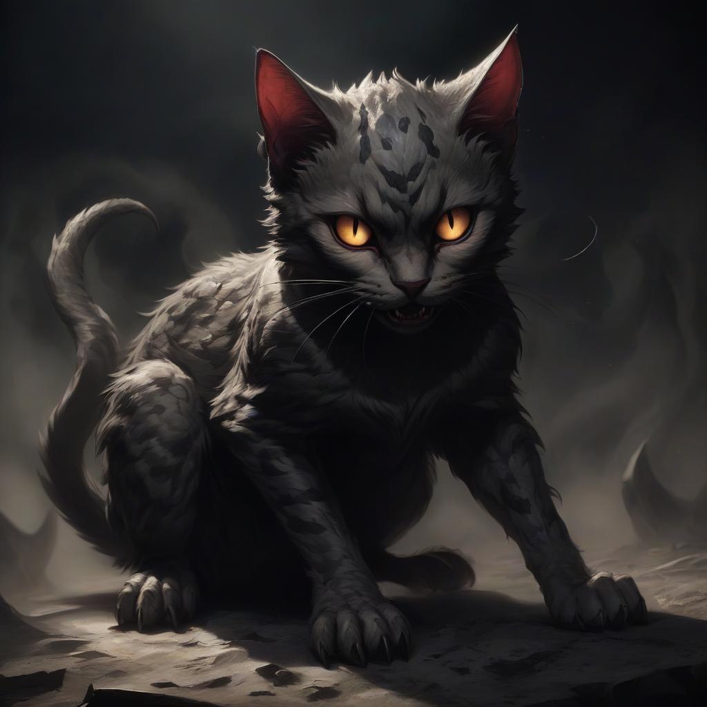  ash shadow cats are mutated cats capable of creating ash shadows that absorb light and render enemies helpless, they must be scary, with fangs and claws, eyes must burn in the dark, and skin is covered with scales