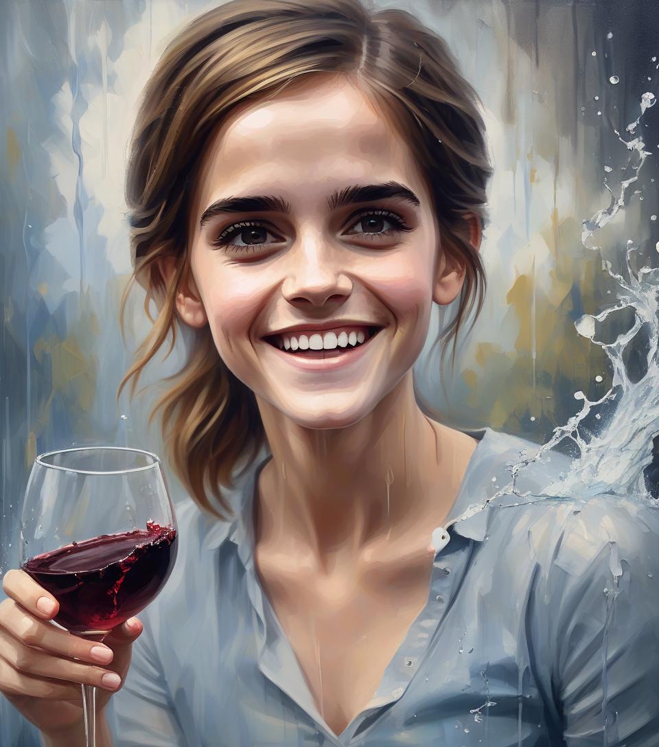  concept art an oil palette knife painting of emma watson smiling turning water into wine in the style of bob ross, impasto and chiaroscuro . digital artwork, illustrative, painterly, matte painting, highly detailed