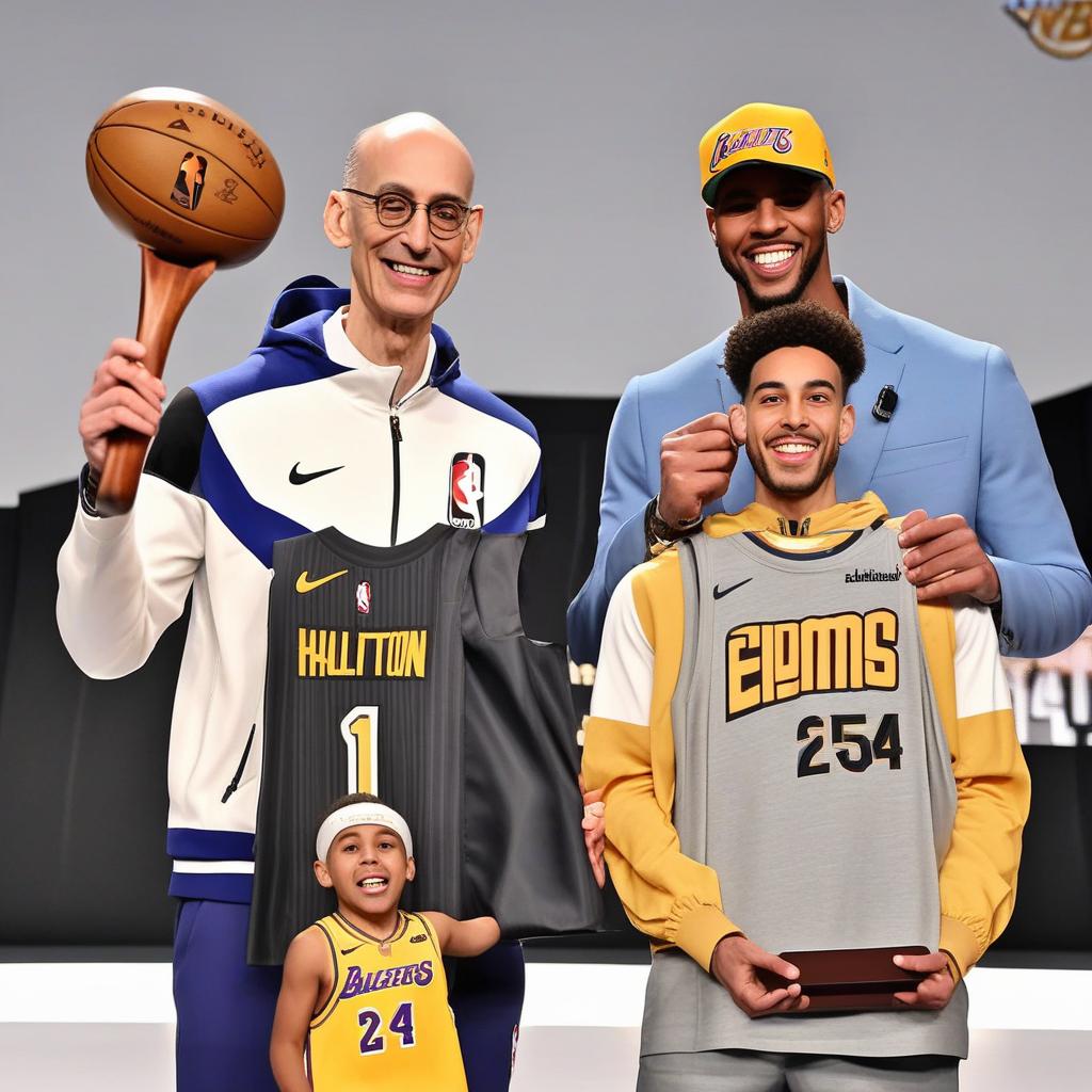  masterpiece, best quality, Adam Silver presenting a giant wooden spoon to Tyrese Haliburton on the stage at he NBA Finals