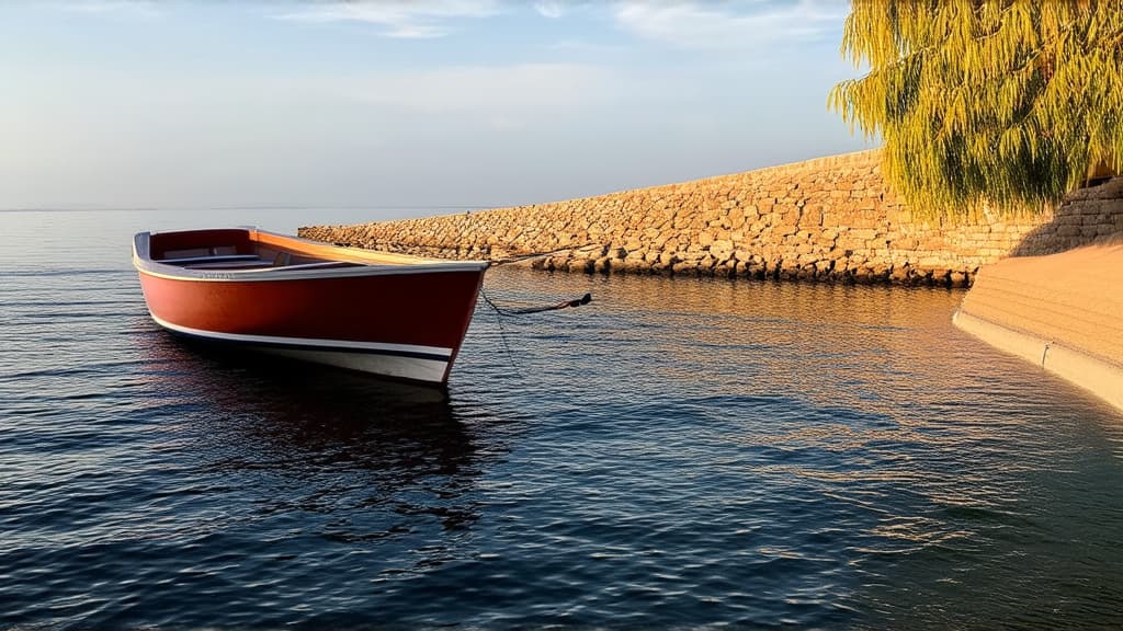  a boat sitting on top of a body of water, sunny amber morning light, vertical wallpaper, colorful hd picure, greek setting,beautiful, calm morning, shore of the lake, setting is bliss wallpaper, perfectly shaded, with water and boats, high quality desktop wallpaper, coming ashore ar 16:9 {prompt}, maximum details