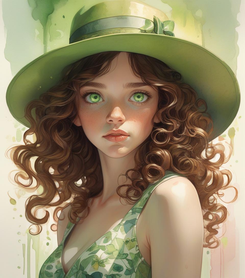  concept art highly detailed, curly brown hair, green eyes, hat, printed dress, vivid colors, watercolor portrait, dramatic light, realistic, by alyssa monks, afarin sajedi, brian kesinger, thomas kinkade, pascal campion, craola. . digital artwork, illustrative, painterly, matte painting, highly detailed