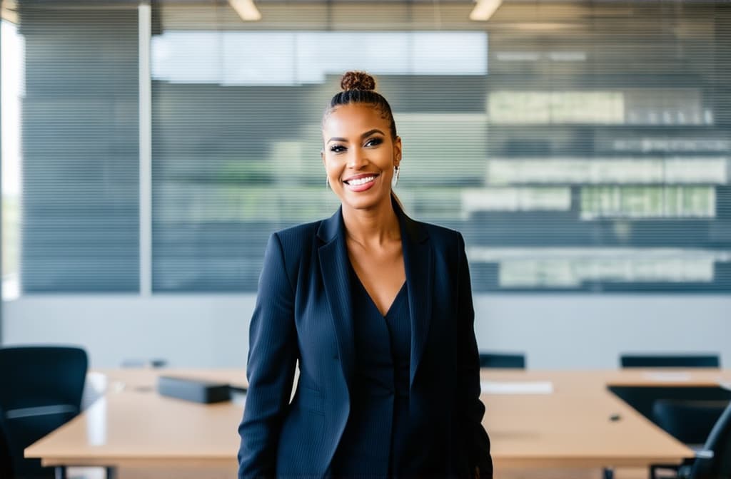  professional detailed photography, portrait of smiling businesswoman with tied up hair standing in open plan office. happy female professional executive manager, financial banking or marketing data. ar 3:2, (muted colors, dim colors, soothing tones), (vsco:0.3)