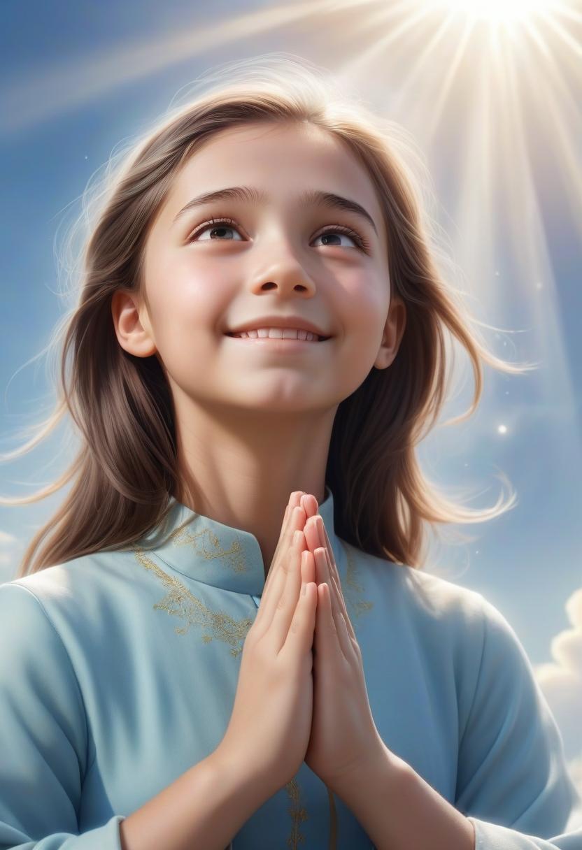  the girl in prayer looks up, her hands are folded in prayer, a look at the sky, a bright background, a lot of light, light rays, high resolution, a smile on her face, calmness, perfect hands