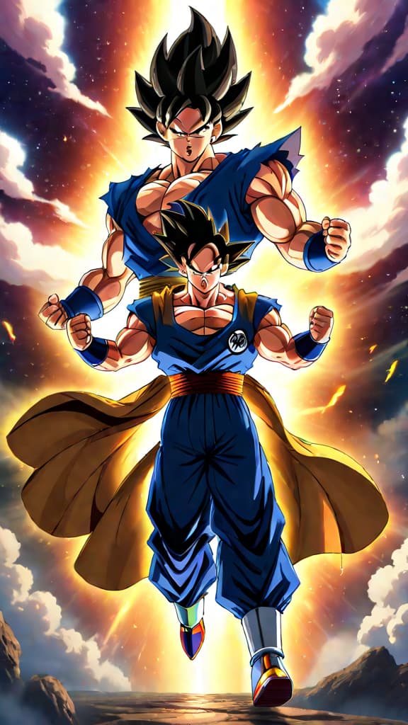  anime art: goku and vegeta battling broly in dragon ball super: broly, a must see for anime enthusiasts! hyperrealistic, full body, detailed clothing, highly detailed, cinematic lighting, stunningly beautiful, intricate, sharp focus, f/1. 8, 85mm, (centered image composition), (professionally color graded), ((bright soft diffused light)), volumetric fog, trending on instagram, trending on tumblr, HDR 4K, 8K