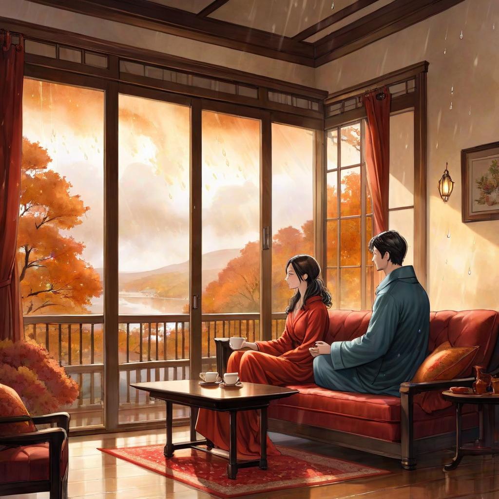  digital illustration, ink and watercolor on parchment, with fine shading of the edges, depicting an two lovers, a man and a woman dressed in pajamas in a warm room and looking out the window, sitting on a sofa at a table and drinking hot tea, looking out the panoramic window, a monotonous autumn rain is falling outside the window, soft diffused lighting in warm tones envelops her, enhancing the mystical aura around her slender form.