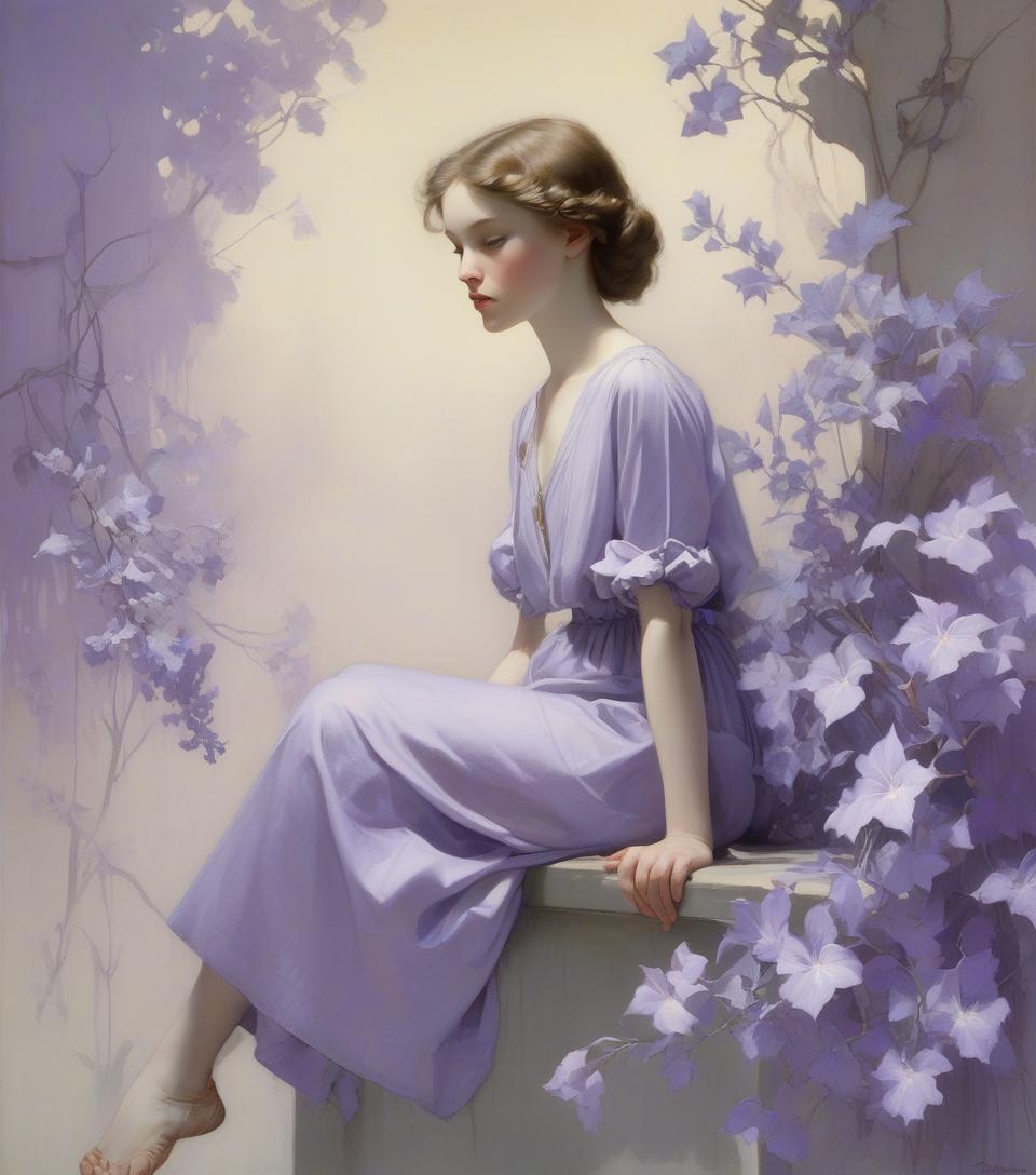  subject: artists: mann, gammell, kley, goldin, gerome, quentin blake, gibson, anne bachelier, alberto vargas, bouguereau, n.c. wyeth, rockwell, parrish, dan seagrave, hopper style: color palette: lilac, lavender, periwinkle techniques: details: idyllic, innocence, cinematic, painting, photo, portrait photography, conceptual art, illustration