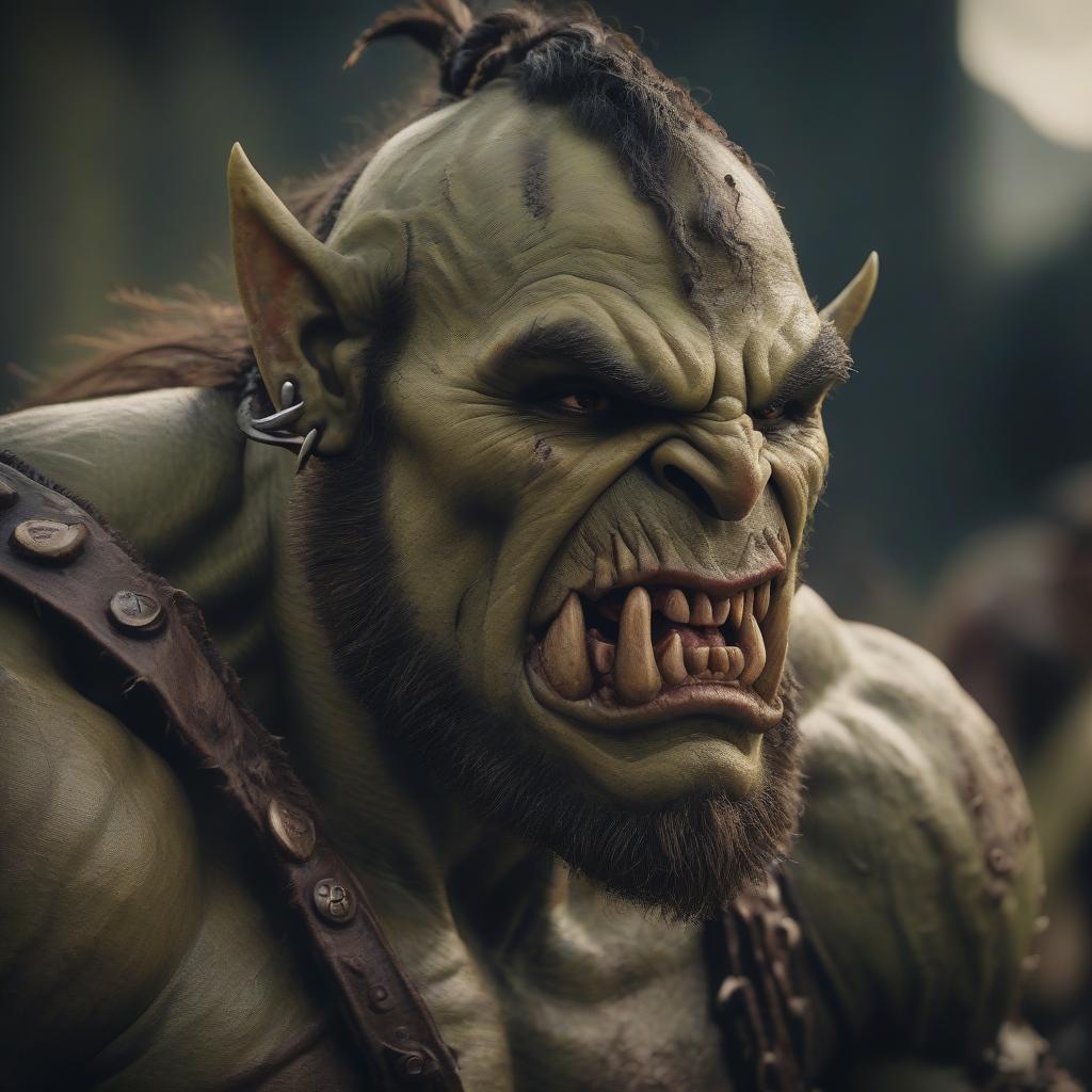  cinematic film still orc. bronze skin, fangs, brown eyes, good natured . shallow depth of field, vignette, highly detailed, high budget, bokeh, cinemascope, moody, epic, gorgeous, film grain, grainy