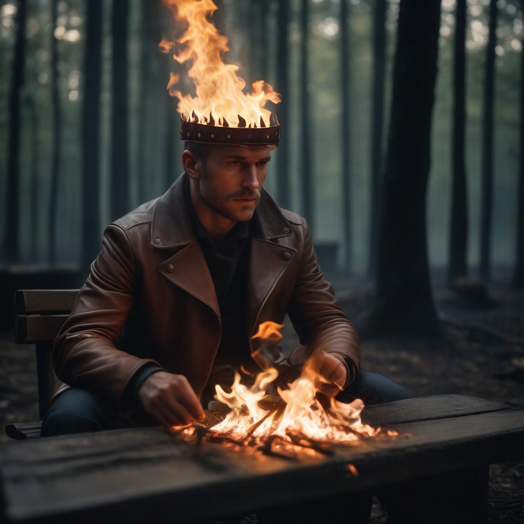  cinematic film still a man with leather made of wood, matches on his head are burning, flames, sitting on a bench, close up, against the background of a dark forest . shallow depth of field, vignette, highly detailed, high budget, bokeh, cinemascope, moody, epic, gorgeous, film grain, grainy