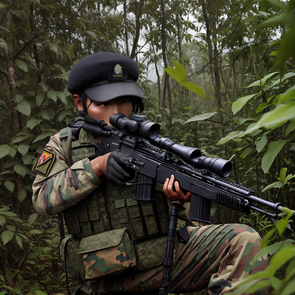  masterpiece, best quality, Portrait of an Indonesian army sniper wearing combat equipment hiding in the forest and aiming at a target.