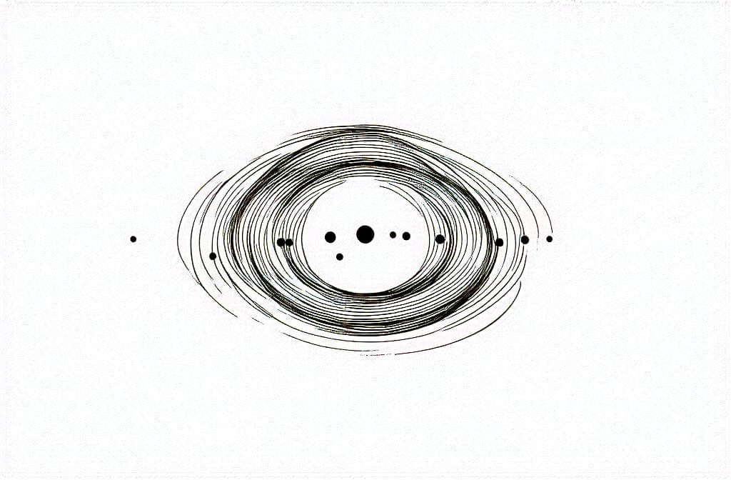  contour, very simple image in one unbroken black ink line, single line of electrons orbiting aroung core, engraving illustration, icon isolated on white background ar 3:2 using a single continuous black line ink brushon white background, drawing should be created without lifting the pen, recognizable features of electrons orbiting aroung core, engraving illustration, icon isolated on white background ar 3:2 in one unbroken line