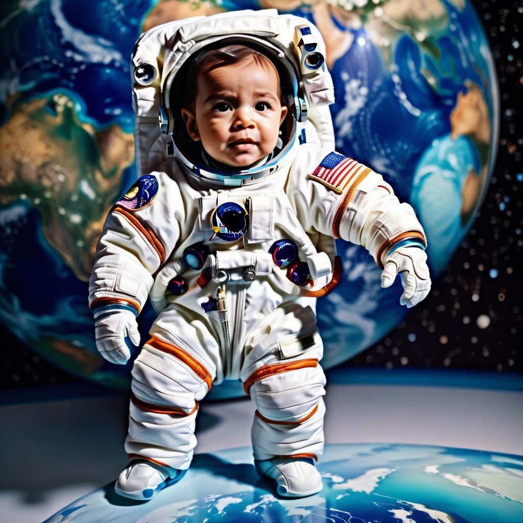  astronaut baby stands opposite planet earth