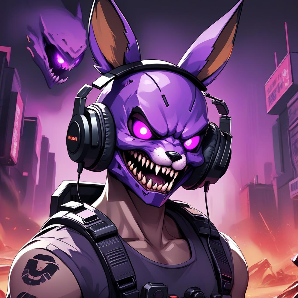  horror album cover, close up of a man in headphones, metal ears, purple eyes, cyberpunk braces, sharp fox teeth, author ryusei kishida, hellish art in good quality, bad rabbit, mad grin, bite, evil nanobot, twitter pfp, human/tank hybrid, anger. hyperdetail, machine gun volcano, amoled