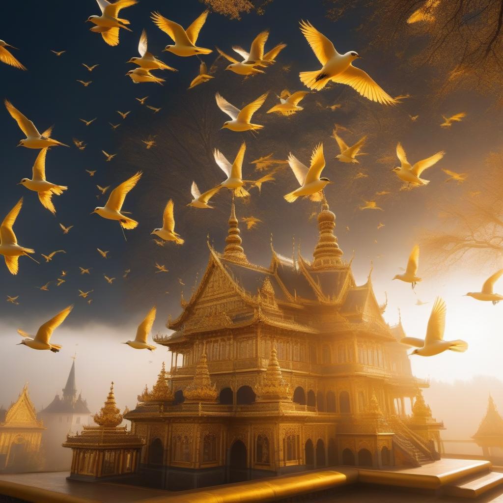  The style of the Golden Palace in Bavaria, flying birds, the Middle Ages. hyperrealistic, full body, detailed clothing, highly detailed, cinematic lighting, stunningly beautiful, intricate, sharp focus, f/1. 8, 85mm, (centered image composition), (professionally color graded), ((bright soft diffused light)), volumetric fog, trending on instagram, trending on tumblr, HDR 4K, 8K