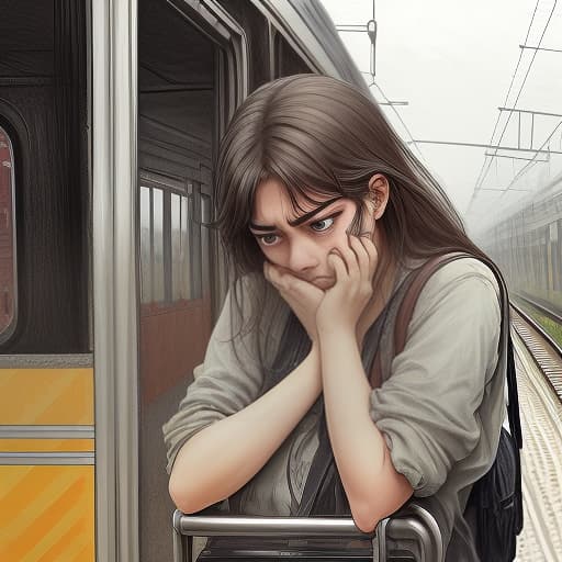  draw a beautiful girl who missed the train and is sad looking at the time