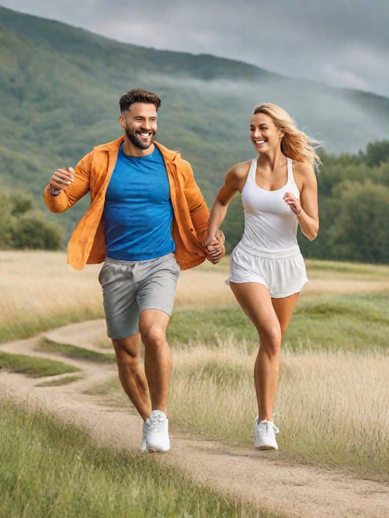  2 lovers running hand in hand for their lives in front of a tech theme background hyperrealistic, full body, detailed clothing, highly detailed, cinematic lighting, stunningly beautiful, intricate, sharp focus, f/1. 8, 85mm, (centered image composition), (professionally color graded), ((bright soft diffused light)), volumetric fog, trending on instagram, trending on tumblr, HDR 4K, 8K