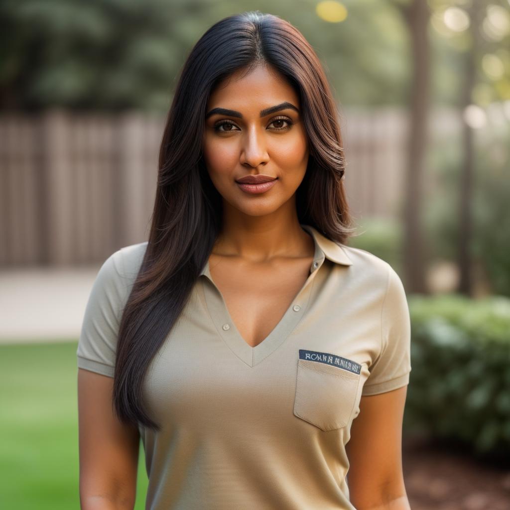  (((realistic full torso frontal head shot of a light brown to medium brown skin tone woman))), esha sapna saxena, ((indian heritage)), immature face, green eye color, ((straight hair style)), ((black hair color)), (( body type)), medium size, small size, (immature straight nose), (immature prominent cheekbones), (immature smooth jawline), (immature full lips), (immature broad forehead), (immature even eyebrows), (immature dimpled chin), standing straight looking directly into the camera,((wearing fitted polo shirt with deep v neck and monogrammed pocket)), backyard in background, 1, best quality, highest quality, award winning photo, masterpiece, raw, professional photography, photorealism, sharp focus, cinematic, hyperrealistic, full body, detailed clothing, highly detailed, cinematic lighting, stunningly beautiful, intricate, sharp focus, f/1. 8, 85mm, (centered image composition), (professionally color graded), ((bright soft diffused light)), volumetric fog, trending on instagram, trending on tumblr, HDR 4K, 8K