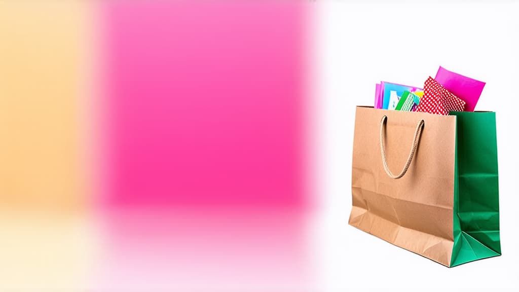  pink blurred background. on the right in 1/3 of the image there is 1 craft paper bag with shopping. the bag is at a distance of 5 meters. on the left 2/3 of empty space for text ar 16:9 {prompt}, maximum details