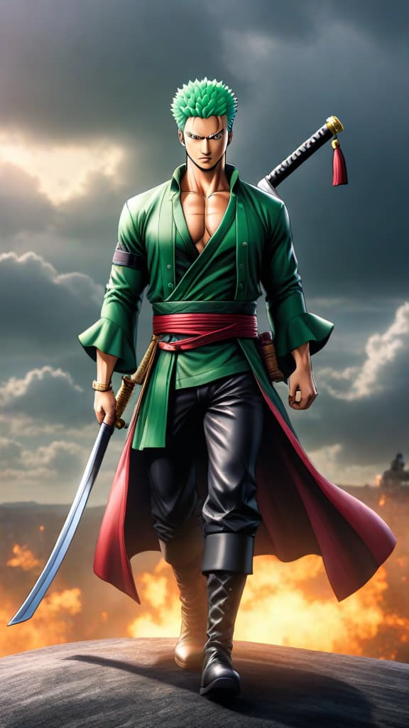  anime art: roronoa zoro from one piece faces his ultimate goal—surpassing dracule mihawk. only time will tell. hyperrealistic, full body, detailed clothing, highly detailed, cinematic lighting, stunningly beautiful, intricate, sharp focus, f/1. 8, 85mm, (centered image composition), (professionally color graded), ((bright soft diffused light)), volumetric fog, trending on instagram, trending on tumblr, HDR 4K, 8K