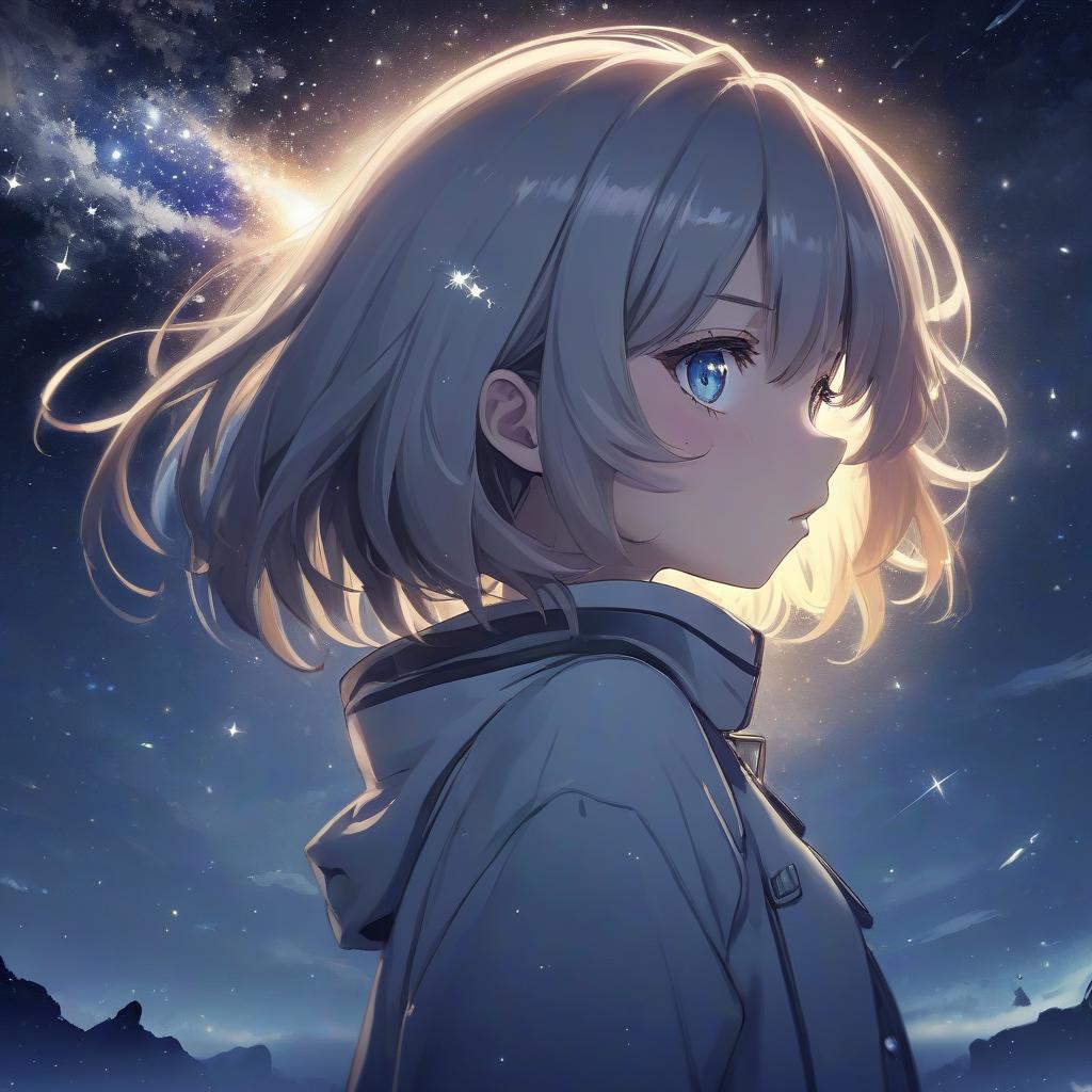  anime artwork night, cold steam from the mouth, standing a girl in her eyes reflected stars and a comet . anime style, key visual, vibrant, studio anime, highly detailed