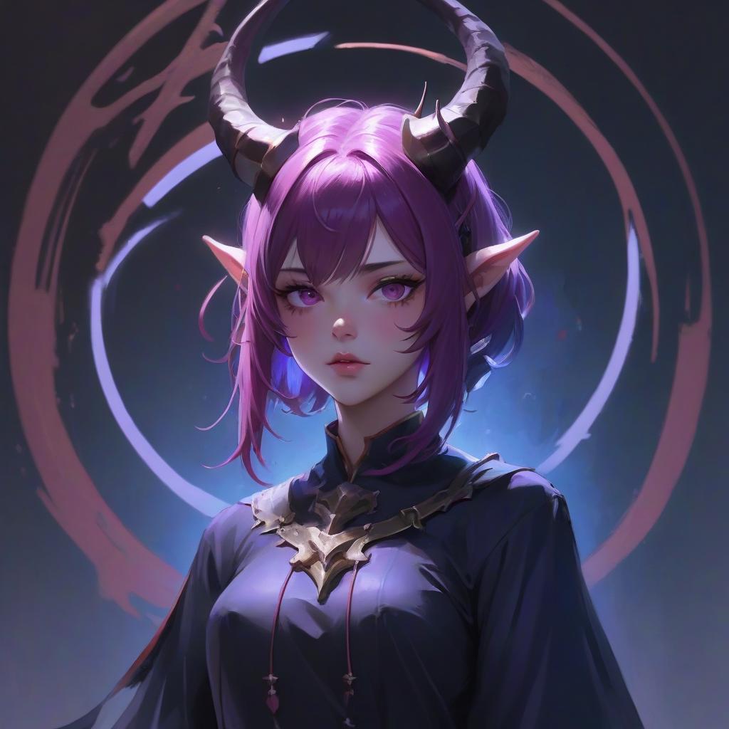  a woman with purple hair and horns on her head, a character portrait, by yang j, fantasy art, high definition anime art, yanjun chengt, noire, artwork in the style of guweiz