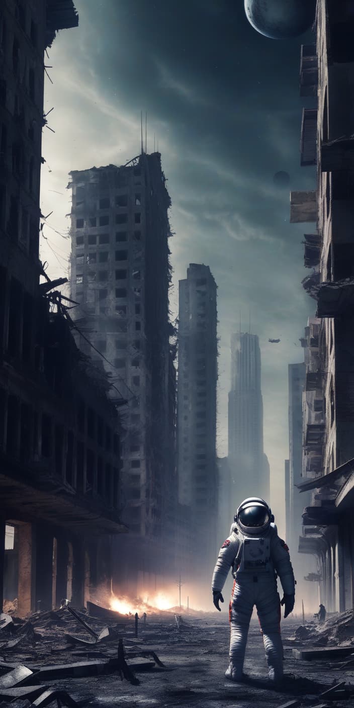  abandoned city, destruction, there is an astronaut with weapons, darkness, darkness, horror