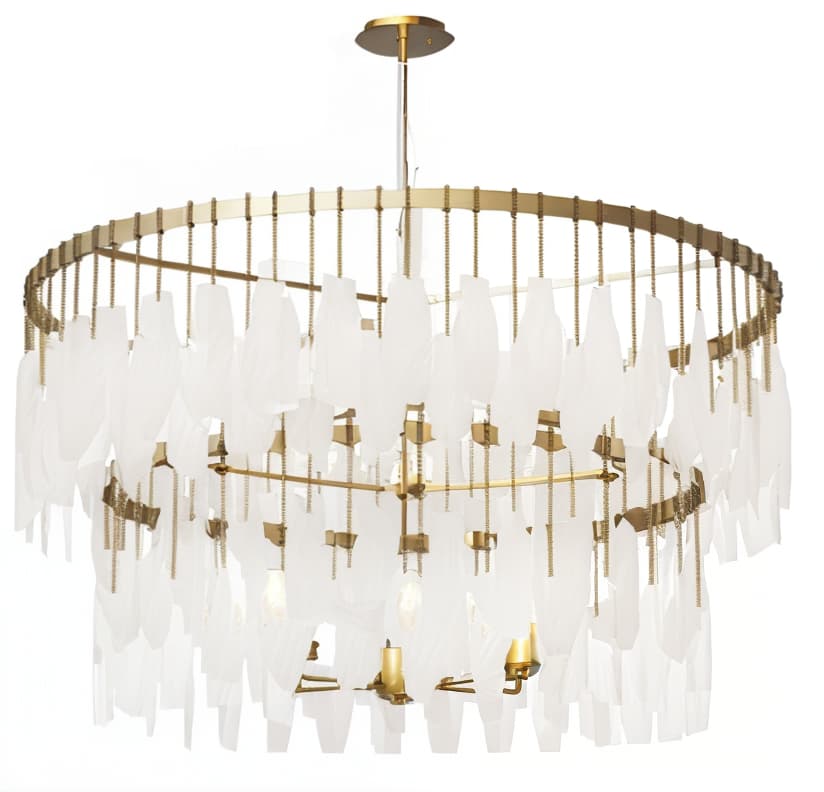  modern style large pendant lamp with brown feathered hanging glass and golden lamp body.