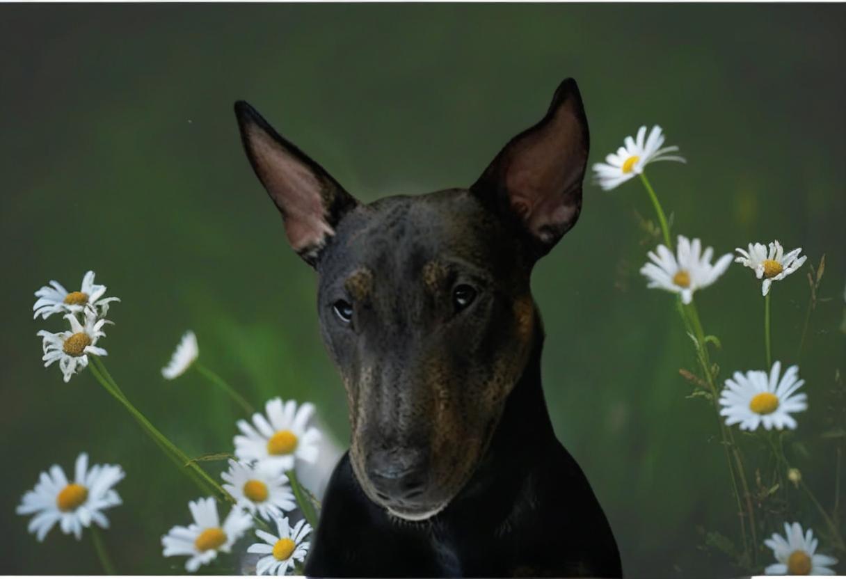  bull terrier portrait 4ka on the field with flowers