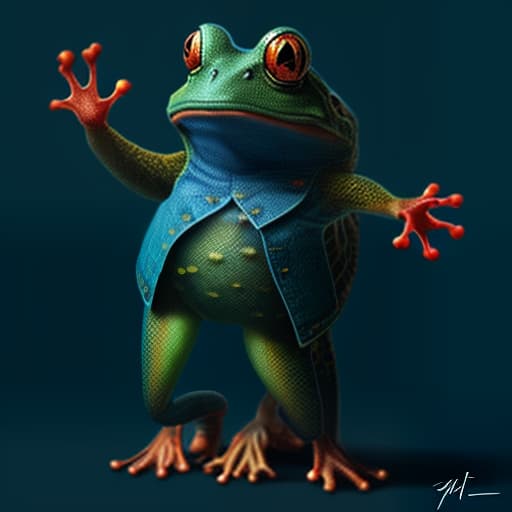 mdjrny-v4 style (a frog wearing blue jean), full body, ghibli style, anime, vibrant colors, hdr, enhance, ((plain black background)), masterpiece, highly detailed, 4k, hq, separate colors, bright colors