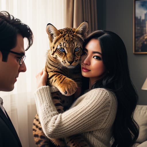  a big cat hugs a cute girl in the living room,pokemon,batman,new york hyperrealistic, full body, detailed clothing, highly detailed, cinematic lighting, stunningly beautiful, intricate, sharp focus, f/1. 8, 85mm, (centered image composition), (professionally color graded), ((bright soft diffused light)), volumetric fog, trending on instagram, trending on tumblr, HDR 4K, 8K