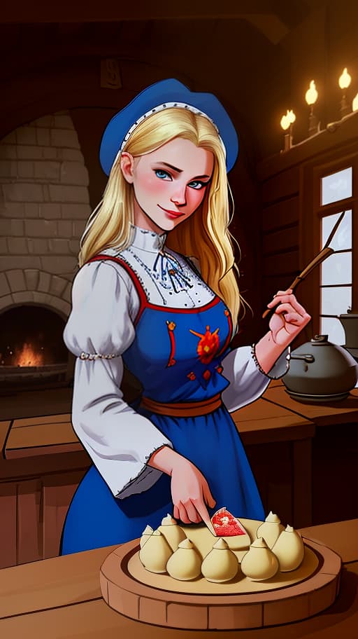  masterpiece, the best quality, a russian woman in traditional clothes prepares cakes in a stone oven, a very light smile, tense, piercing eyes, blue eyes, flowing blond hair, dressed in a traditional russian outfit, cooks in the open air, inside a wooden castle, against the background of an ancient russian throne room in a wooden castle, cartoon style, cute,