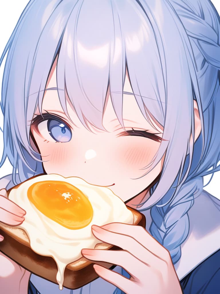  masterpiece,(((light tones))),((( pastel colors))),one girl,{(((two toned hair color))): delicate pink hair color and delicate light blue hair color},(((single light blue braid))),fluffy hair,eyes closed,smiling,biting toast,face focus,pale sunrise,breakfast,gentle tones,high quality,16k