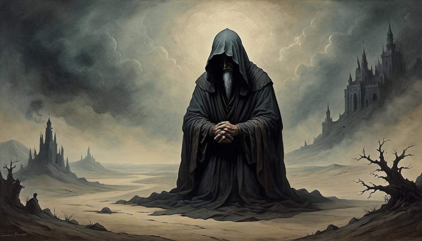  on parchment, surrealism+++, a lone figure bowing their head, face obscured by shadows, an air of deep regret, dark and desolate backdrop, mood of somber realization(mysterious, provocative, symbolic,muted color)+++