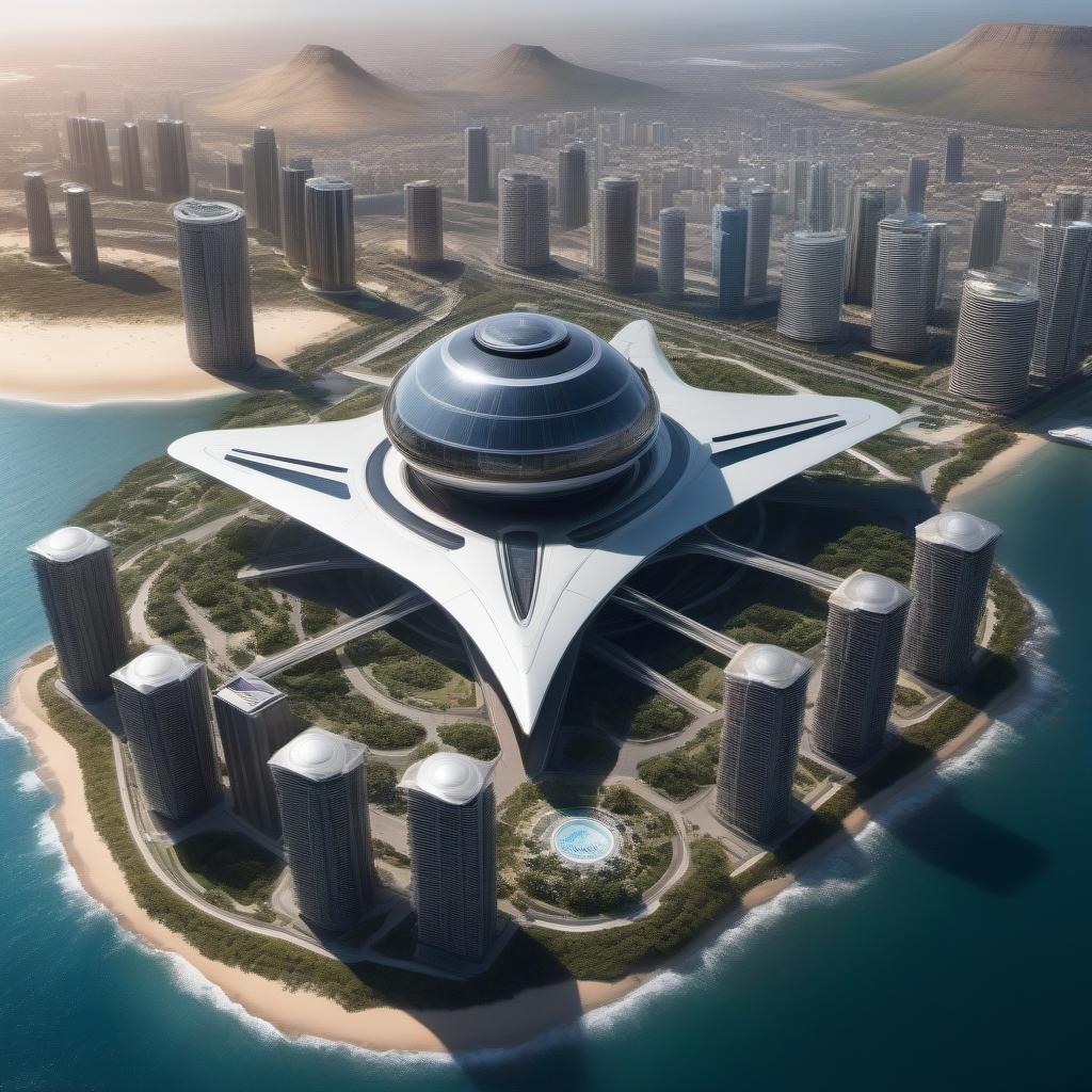  Imagine a hyper-realistic depiction of futuristic South Africa, set in the year 2700. Visualize a technologically advanced society with sleek flying vehicles dotting the skyline. The inhabitants adorn themselves in fashion akin to the visionary designs of Zaha Hadid. Drawing inspiration from the cinematic styles of directors like Christopher Nolan, inspired by Matt Reeves, inspired by Martin Scorsese, capture the scene using an IMAX 65 mm large-format studio camera boasting an incredible 1,000,000,000 gigapixel resolution. Take in the panoramic view from the coastline