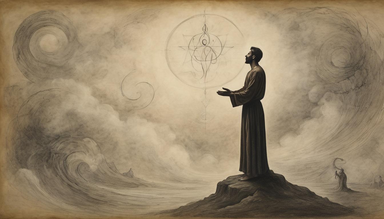  on parchment, surrealism++, a figure in shadow, hands raised in invocation, surrounded by misty, swirling energies, atmosphere of sacred reverence, solemn and devoted(mysterious, provocative, symbolic)++