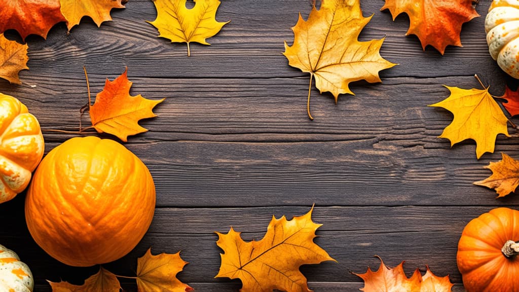  professional detailed photography, autumn themed arrangement of pumpkins and leaves on a wooden surface ar 16:9, (muted colors, dim colors, soothing tones), (vsco:0.3)