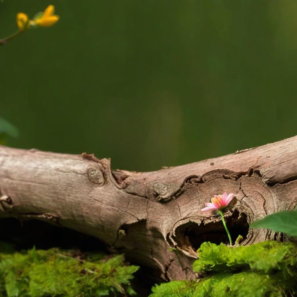  the image features a close up view of a tree trunk with a flower peeking out from the bottom, set against a green background.