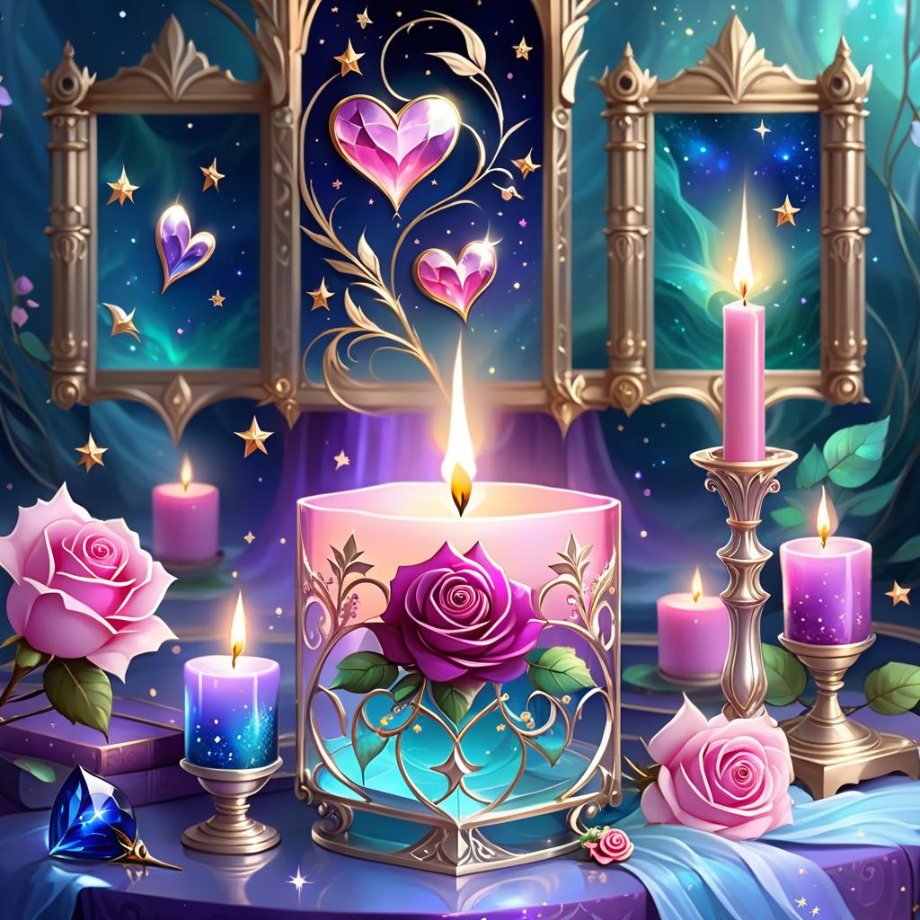  ethereal fantasy concept art of (background):colour:violet blue. (background decoration):silver frames in the shape of hearts and gold fancy stars. (centre):glass square pink candlestick and lighter decorated with fancy roses. (rose colour):pink, dark pink, with cream border. (leaf colour):dark green, green blue, light green. (style):fantasy, fantasy art design, jewellery, interior. . magnificent, celestial, ethereal, painterly, epic, majestic, magical, fantasy art, cover art, dreamy