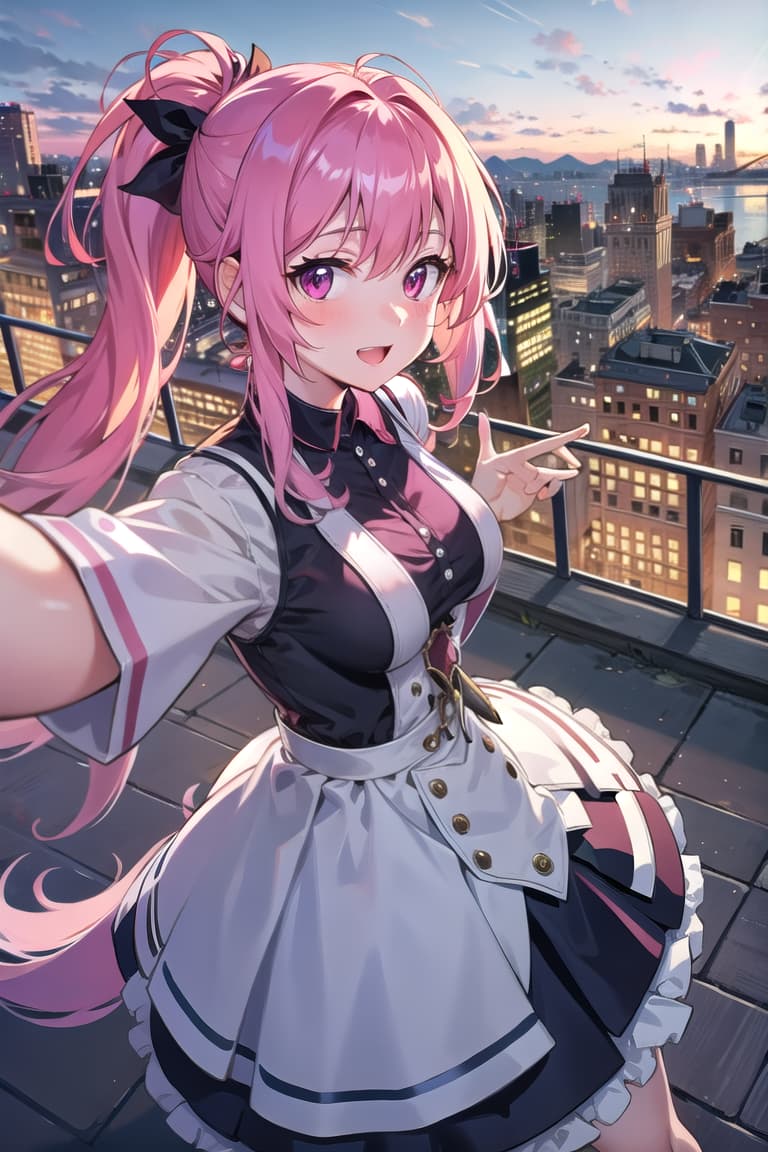  r 18, , middle , ,random situation, pink haired ,ponytail,large eyes,selfie at a rooftop party, city skyline, tail dress